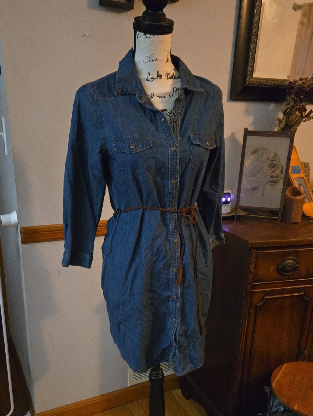Denim Shirt Dress with Braided Waist Tie - Dress With Pockets